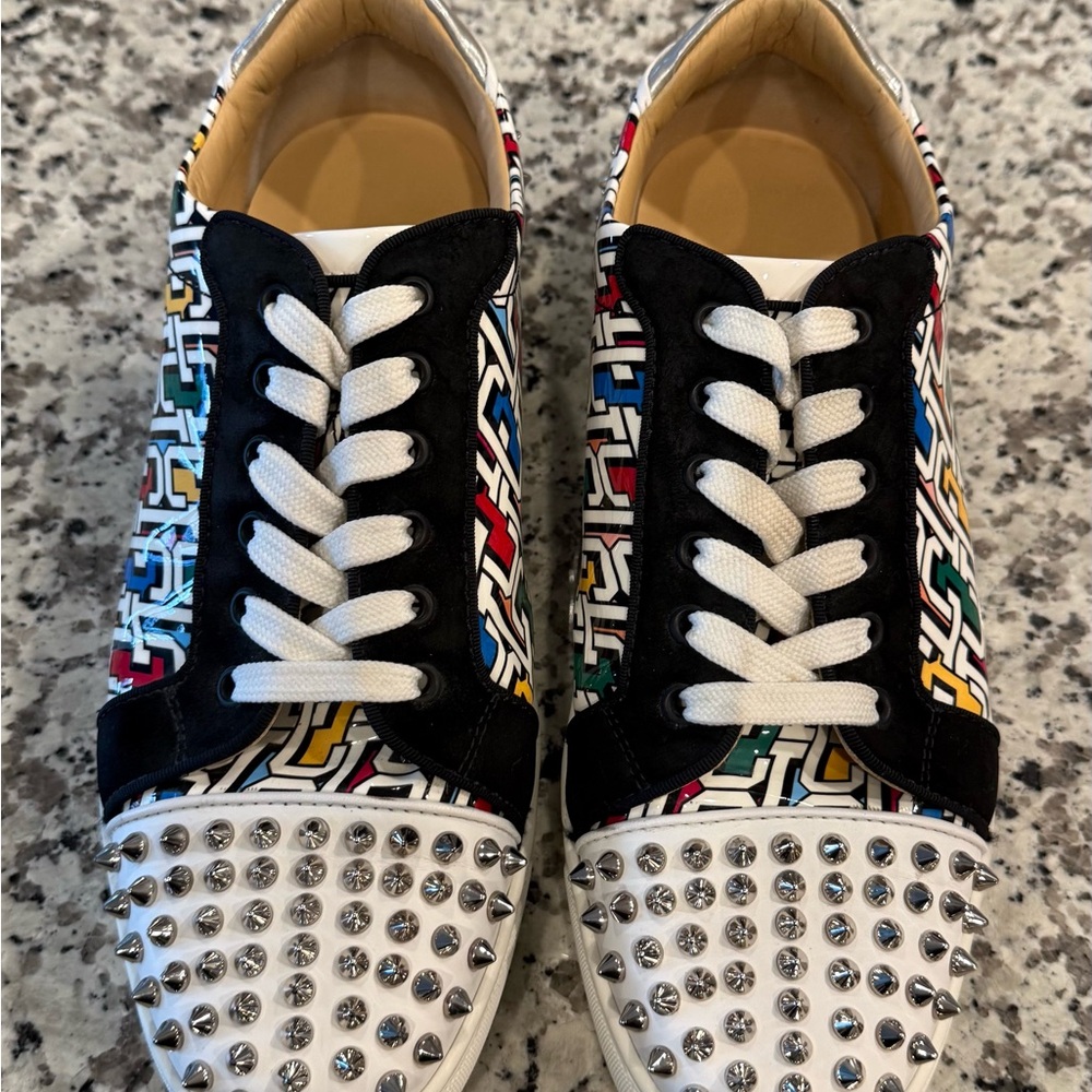 Studded White Low-Top Sneakers with Multicolor Graphic Panels